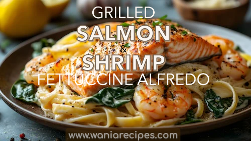 Grilled Salmon & Shrimp Fettuccine Alfredo