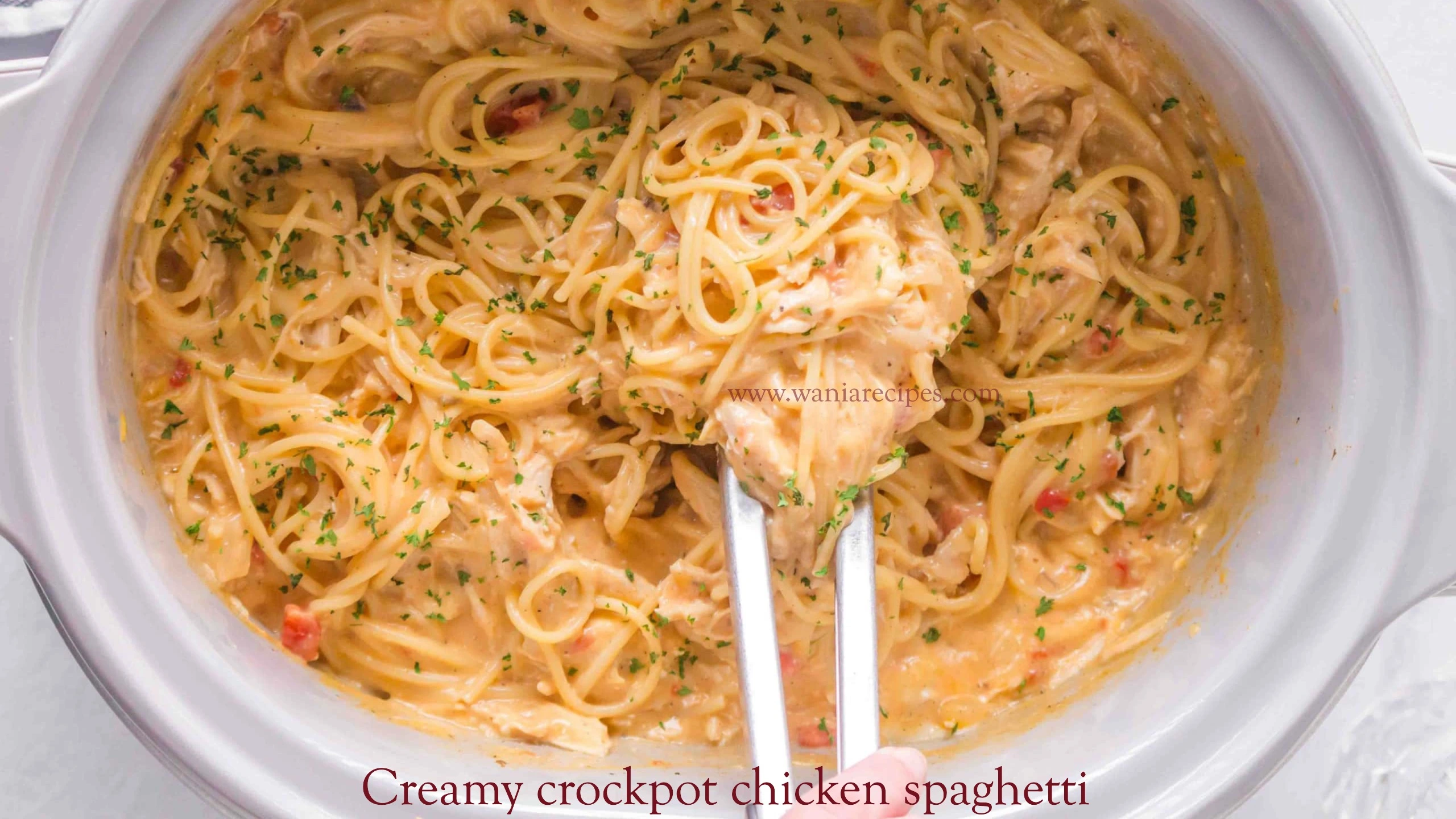 Creamy crockpot chicken spaghetti