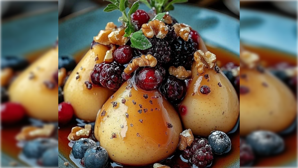 Baked Pears with Berries, Honey, Walnuts & Blue Cheese